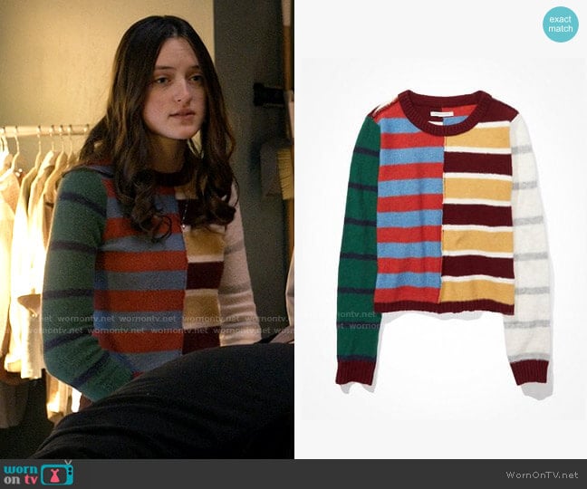 American Eagle Patchwork Cropped Crew Neck Sweater