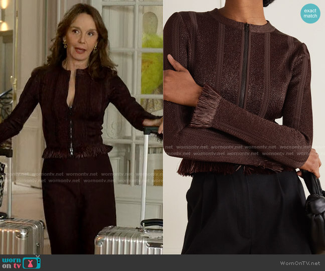 Alaia Fringed stretch-knit jacket worn by Sylvie (Philippine Leroy-Beaulieu) on Emily in Paris