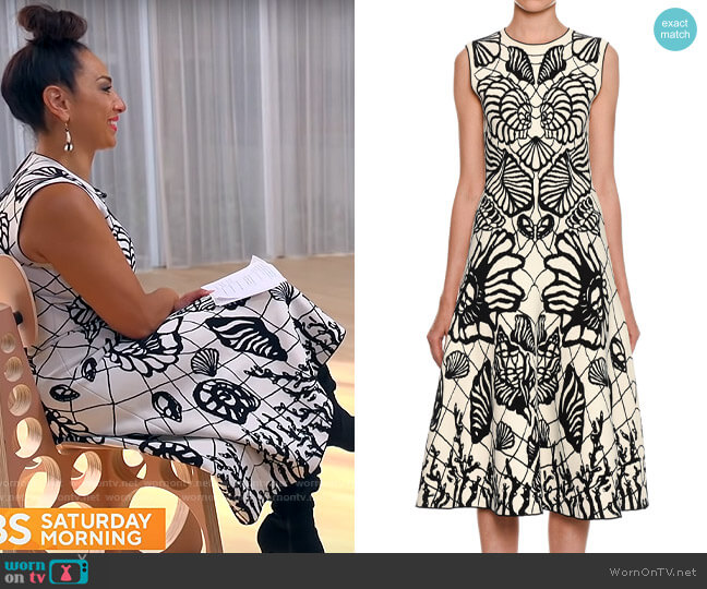 Alexander McQueen Sleeveless Shell-Jacquard Midi Dress worn by Michelle Miller on CBS Mornings
