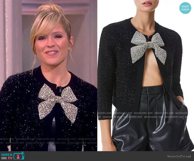 Alice + Olivia Akira Textured Cardigan with Embellished Bow worn by Sara Haines on The View