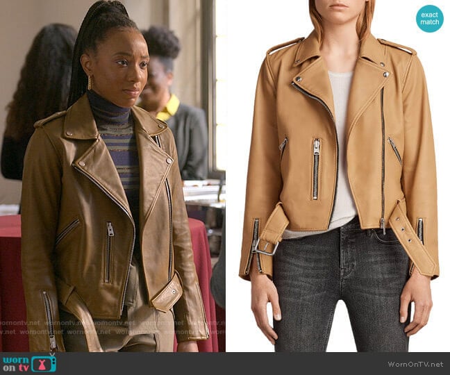 All Saints Balfern Jacket in Butterscotch worn by Whitney Chase (Alyah Chanelle Scott) on The Sex Lives of College Girls