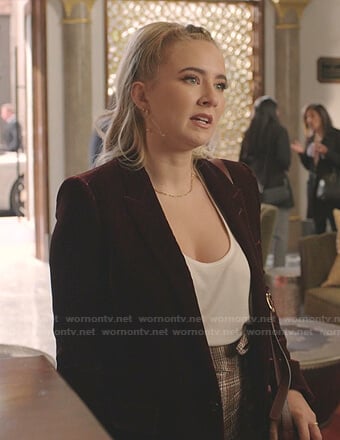 Amanda’s brown velvet blazer and plaid mini skirt on Dynasty