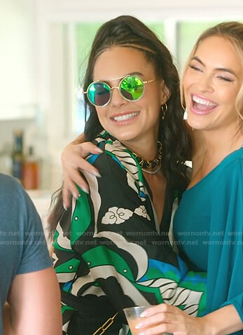 Amanza’s black and green printed blouse and shorts on Selling Sunset