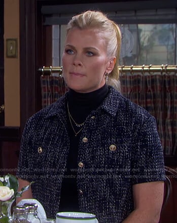 Sami’s navy short sleeve tweed jacket and pants on Days of our Lives