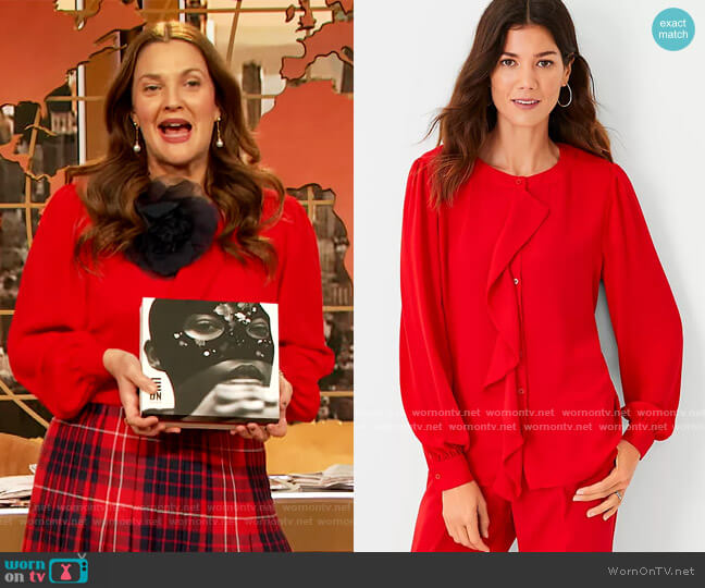 Ann Taylor Draped Mixed Media Blouse worn by Drew Barrymore on The Drew Barrymore Show