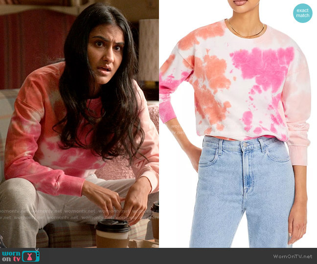 Aqua Tie Dye Sweatshirt in Electric Coral Multi worn by Bela Malhotra (Amrit Kaur) on The Sex Lives of College Girls