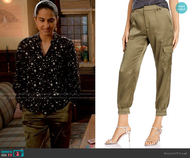 Aqua Satin Cargo Jogger Pants worn by Bela Malhotra (Amrit Kaur) on The Sex Lives of College Girls