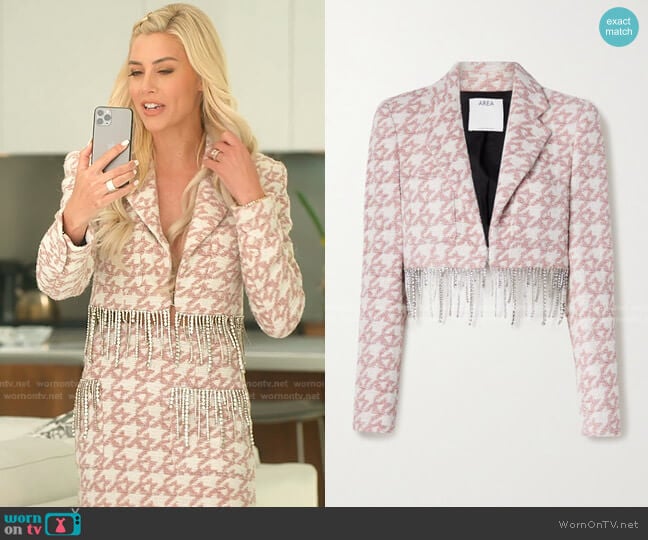 Area Cropped Crystal-embellished Metallic Houndstooth Tweed Blazer worn by Heather Rae Young on Selling Sunset