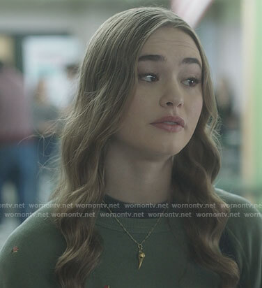 Audrey’s green flower embroidered sweatshirt on Dexter New Blood