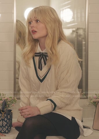 Audrey’s white cable knit varsity sweater on Gossip Girl