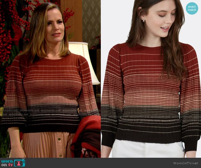 Autumn Cashmere Ombre Stripe Puff Sleeve Crew In Cognac / Brown worn by Chelsea Lawson (Melissa Claire Egan) on The Young and the Restless