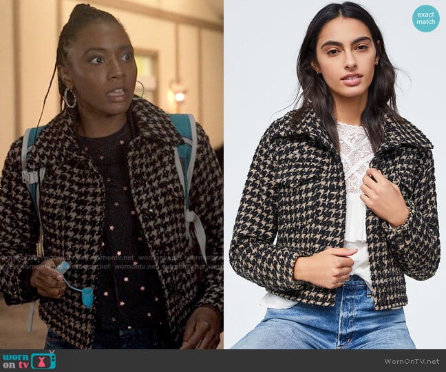 Avec Les Filles Lea Houndstooth Shimmer Cropped Coat worn by Whitney Chase (Alyah Chanelle Scott) on The Sex Lives of College Girls