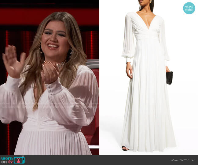 Badgley Mischka Collection V-Neck Long-Sleeve Pleated Gown worn by Kelly Clarkson on The Voice