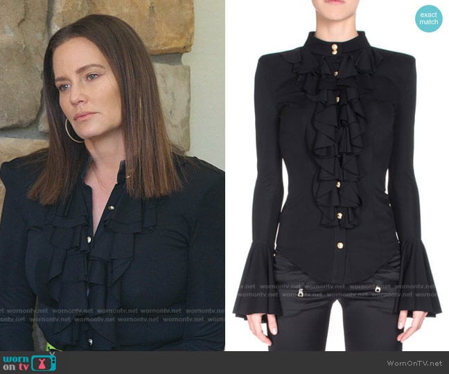 Balmain Button-Front Ruffle Blouse worn by Meredith Marks on The Real Housewives of Salt Lake City