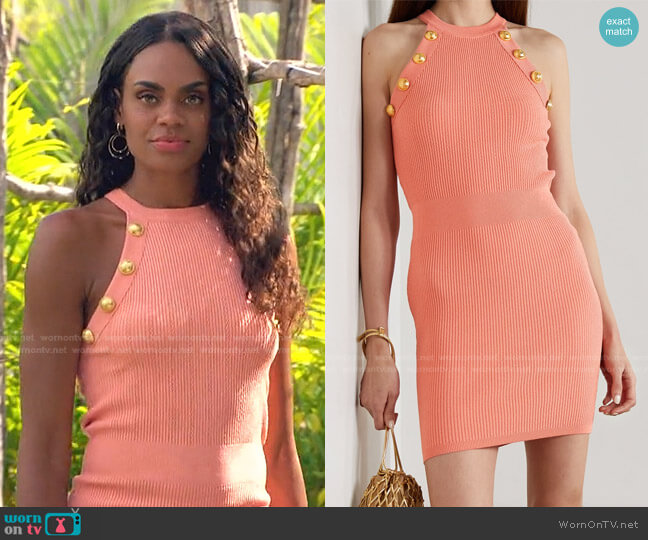 Balmain Button-Embellished Ribbed-Knit Mini Dress worn by Michelle Young on The Bachelorette