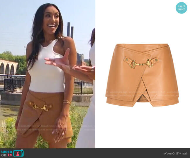 Balmain Short Layered Leather Wrap Skirt worn by Tayshia Adams on The Bachelorette