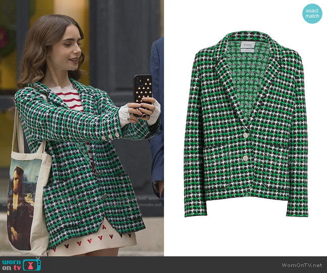 Barrie Knit Houndstooth Jacket worn by Emily Cooper (Lily Collins) on Emily in Paris