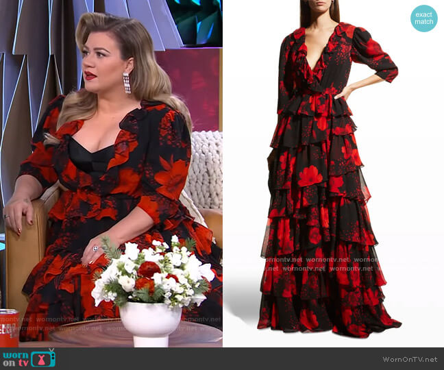 Basix Floral-Print Ruffle-Tiered A-Line Gown worn by Kelly Clarkson on The Kelly Clarkson Show