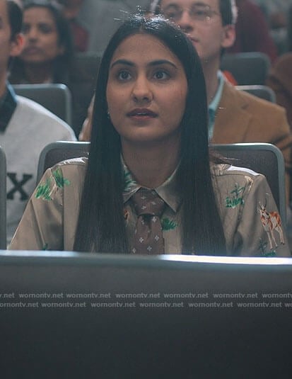 Bela’s green deer print blouse on The Sex Lives of College Girls