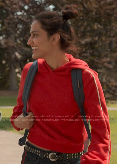 Bela’s red embellished stripe hoodie and jeans on The Sex Lives of College Girls