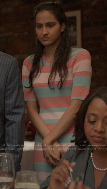 Bela’s pink and blue striped dress on The Sex Lives of College Girls