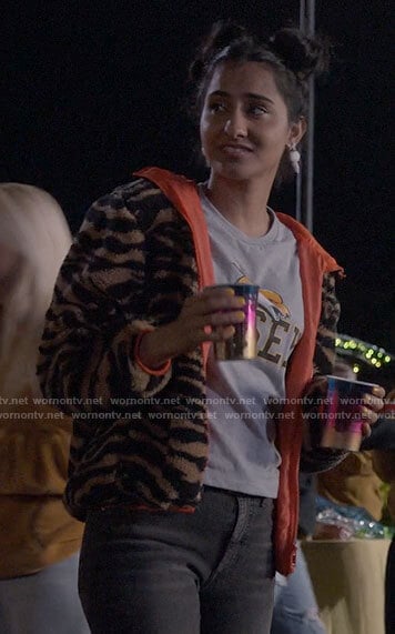 Bela’s tiger stripe plush jacket on The Sex Lives of College Girls