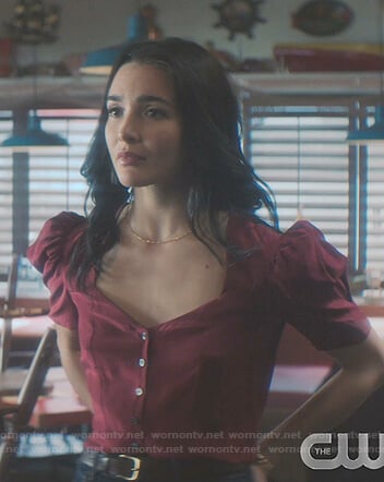 Bess’s red button front sweetheart top on Nancy Drew