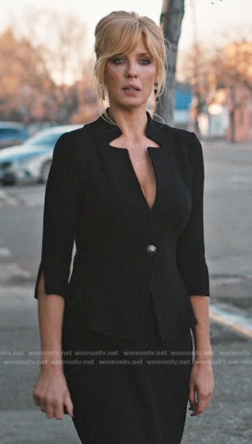 Beth’s black notch neck jacket on Yellowstone