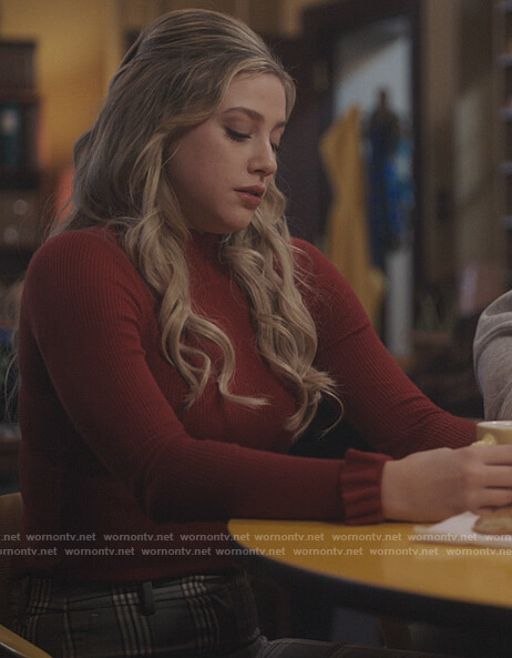 Betty’s red ribbed ruffle cuff sweater on Riverdale