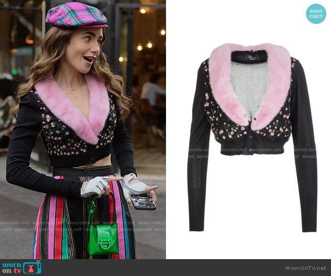 Blumarine Sequin-embellished V-neck cardigan worn by Emily Cooper (Lily Collins) on Emily in Paris