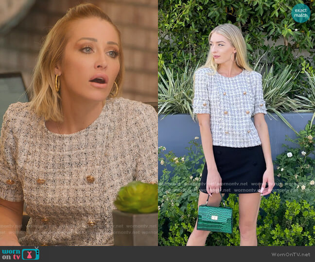 Blush Bella Chanel Tweed Shirt worn by Mary Fitzgerald on Selling Sunset