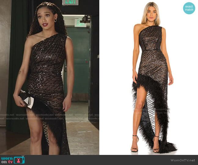 Bronx and Banco Lola Sheer Feather Gown worn by Olivia Baker (Samantha Logan) on All American