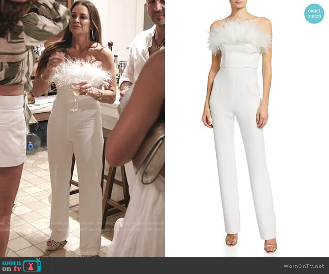Bronx and Banco Lola Feather-Trim Bustier Jumpsuit worn by Kyle Richards on The Real Housewives Ultimate Girls Trip