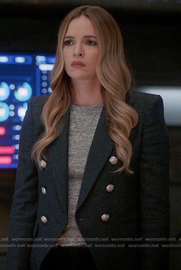 Caitlin’s navy herringbone blazer with silver buttons on The Flash