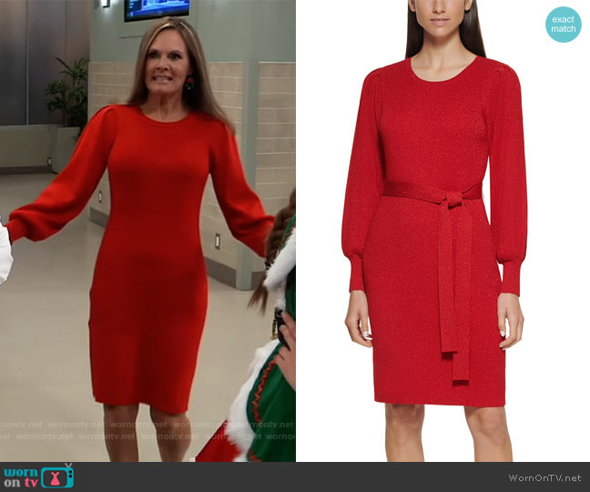 Calvin Klein Metallic Tie-Waist Sweater Dress worn by Lucy Coe (Lynn Herring) on General Hospital