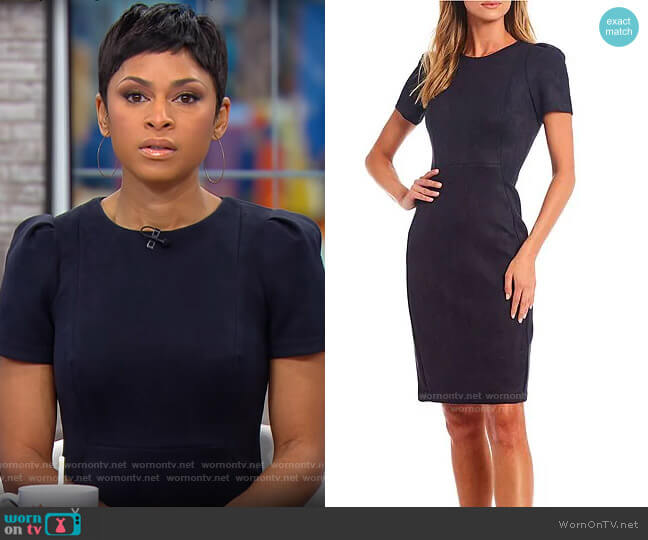 Calvin Klein Scuba Suede Round Neck Short Sleeve Sheath Dress in Navy worn by Jericka Duncan on CBS Mornings