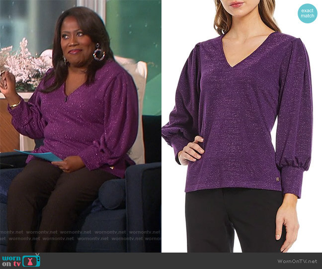 Calvin Klein Metallic Knit V-Neck Top worn by Sheryl Underwood on The Talk