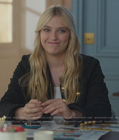 Camille’s black textured jacket on Emily in Paris