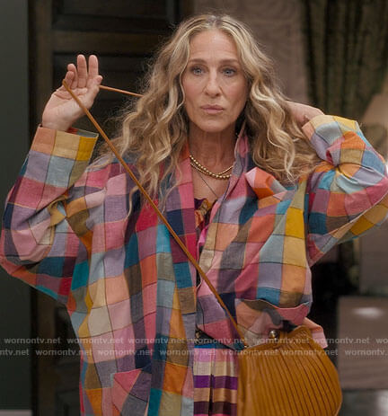 Carrie’s rainbow check shirt jacket on And Just Like That