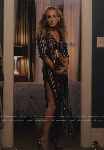 Carrie’s sequin striped dress gold embellished heels on And Just Like That