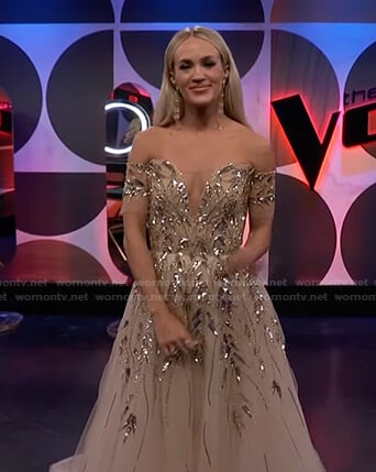 Carrie Underwood’s embellished off shoulder gown on The Voice
