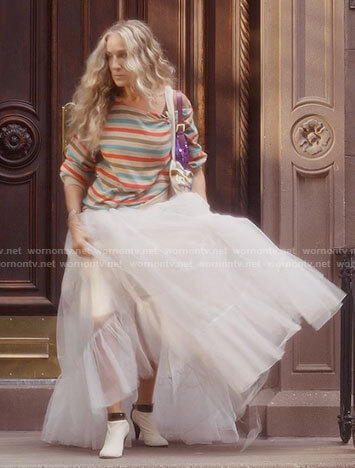 Carrie’s white ankle booties on And Just Like That