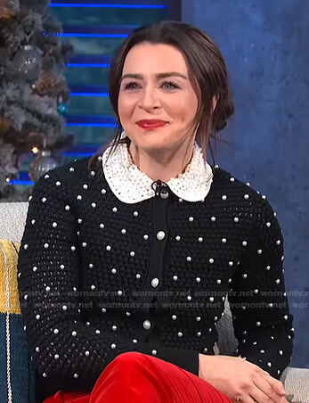 Caterina Scorsone’s black pearl embellished crochet cardigan on E! News Daily Pop