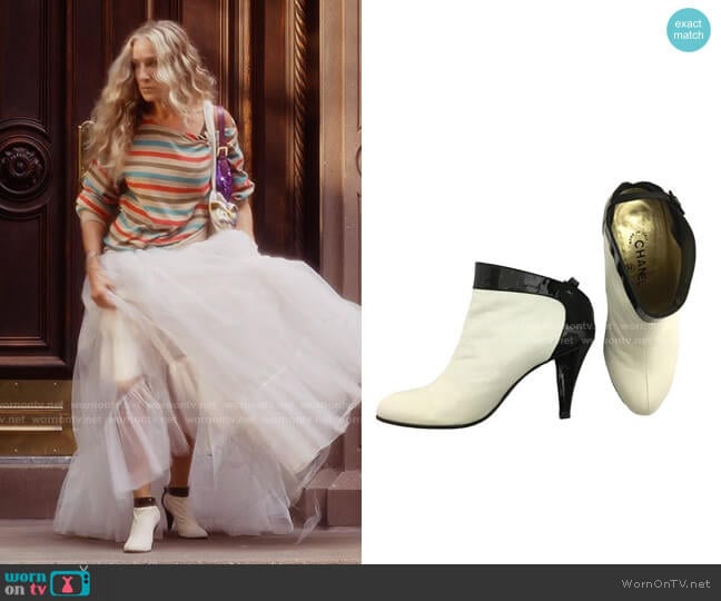 Chanel Vintage Ankle White Leather with Black Patent Trim Boots worn by Carrie Bradshaw (Sarah Jessica Parker) on And Just Like That