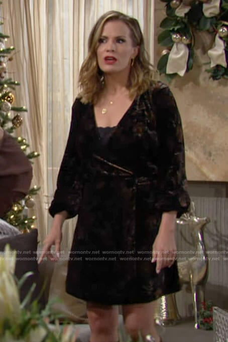 Chelsea’s floral velvet wrap dress on The Young and the Restless