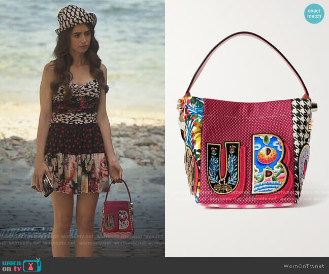 Christian Louboutin Caracaba mini leather-trimmed appliquéd patchwork canvas tote worn by Emily Cooper (Lily Collins) on Emily in Paris