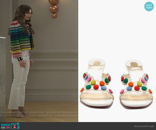 Christian Louboutin Smarta 85 leather mules worn by Emily Cooper (Lily Collins) on Emily in Paris