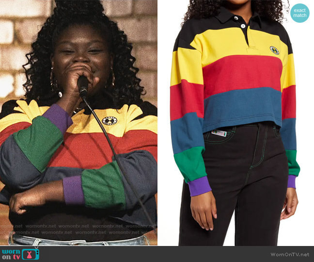 Cross Colours Crop Stripe Panel Rugby Top worn by Jill (Olivia Bucknor) on Queens