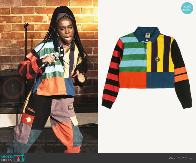 Cross Colours Crop Stripe Panel Rugby Top worn by Naomi (Teshi Thomas) on Queens