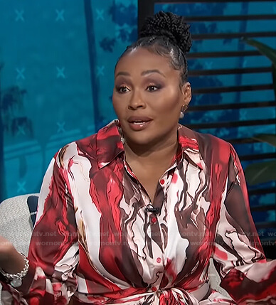 Cynthia Bailey’s printed tie waist shirtdress on E! News Daily Pop